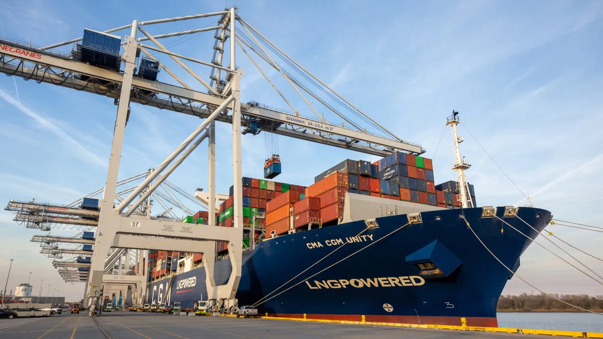 Electric ship-to-shore cranes work the CMA CGM Unity, powered by liquefied natural gas, at the Port of Savannah’s Garden City Terminal.