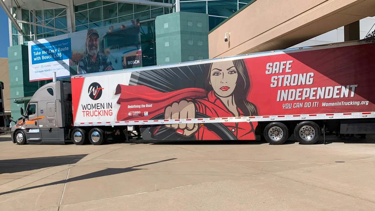 A tractor-trailer for the Women in Trucking Association outside the Kentucky Exposition Center for the Mid-America Trucking Show.