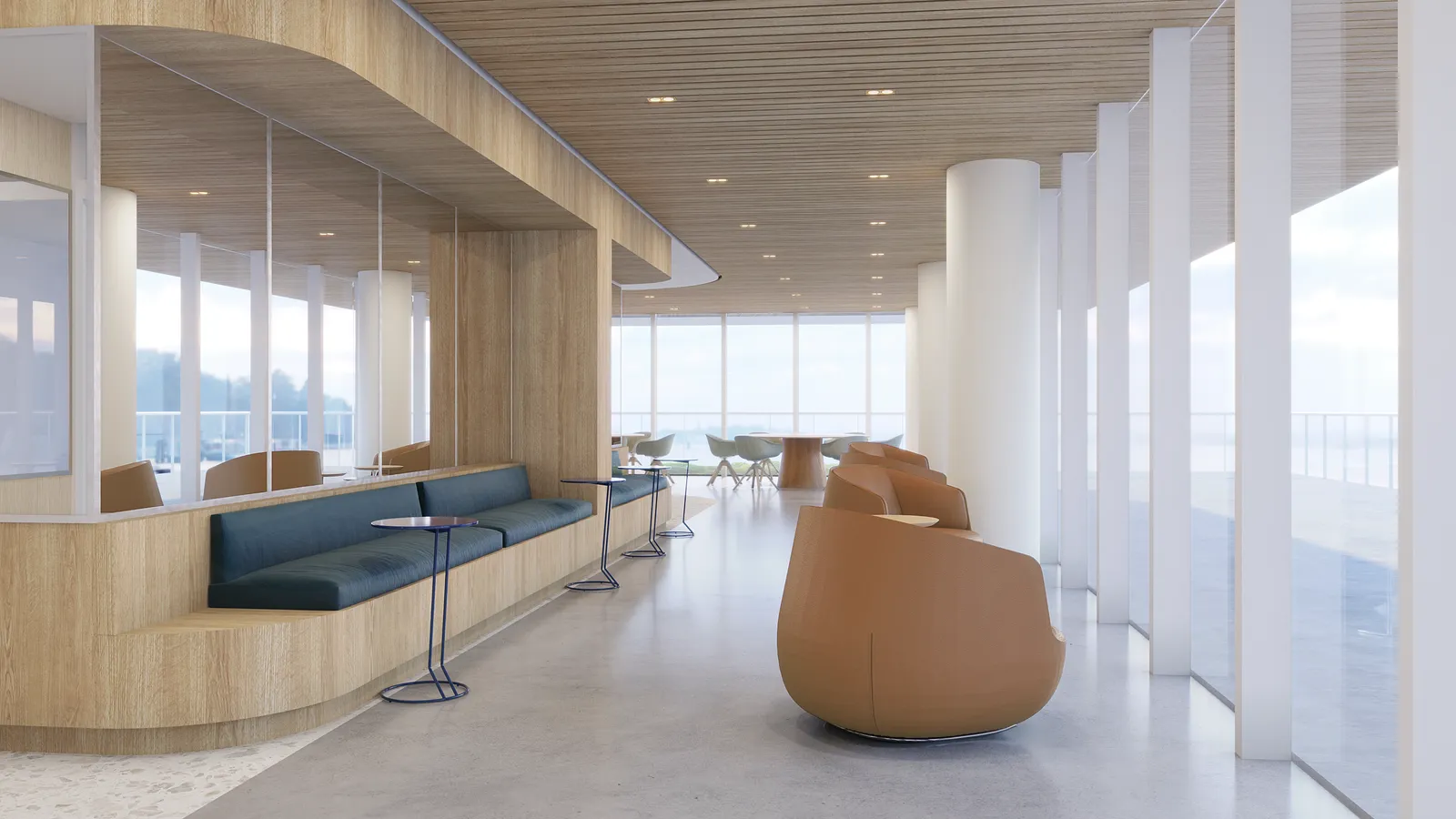 An office space with light wood paneling.