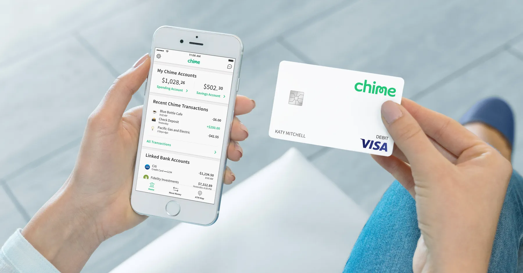 An overhead look at Chime's mobile app and debit card.