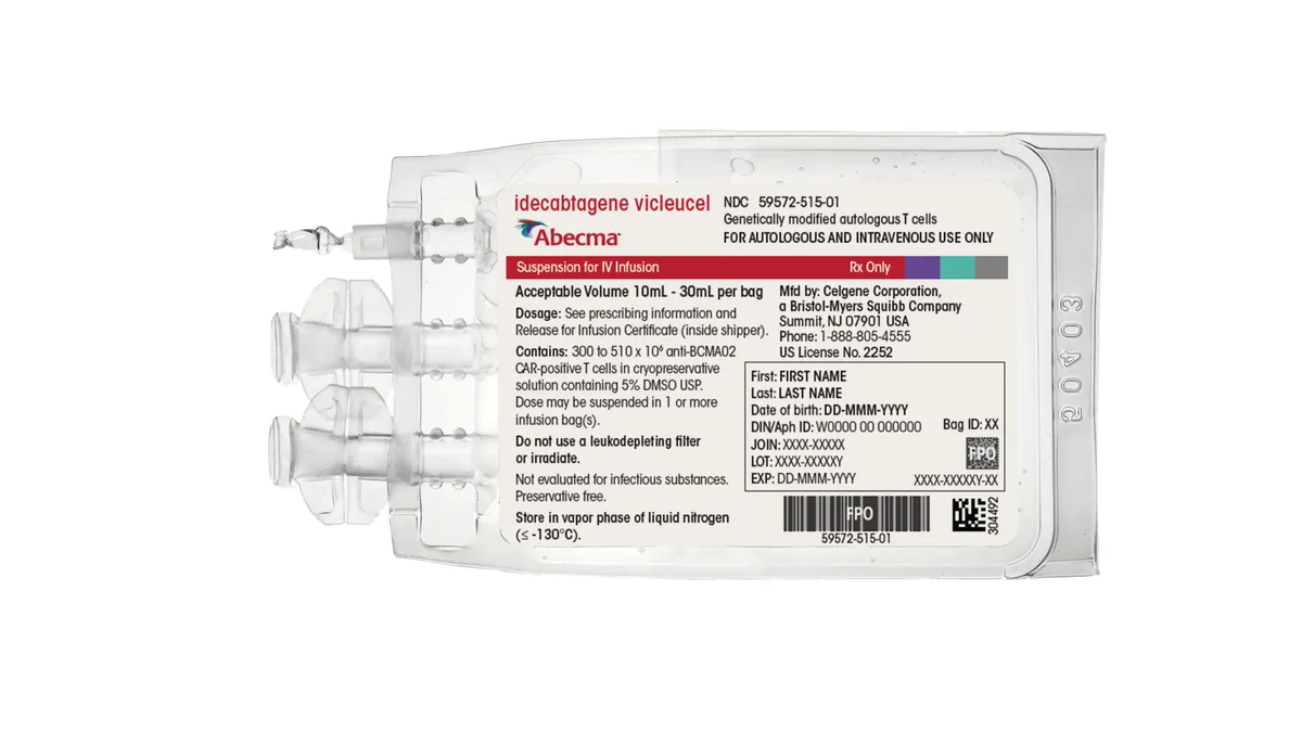 A photograph of an infusion bag of Abecma, a cell therapy from Bristol Myers Squibb and 2seventy bio