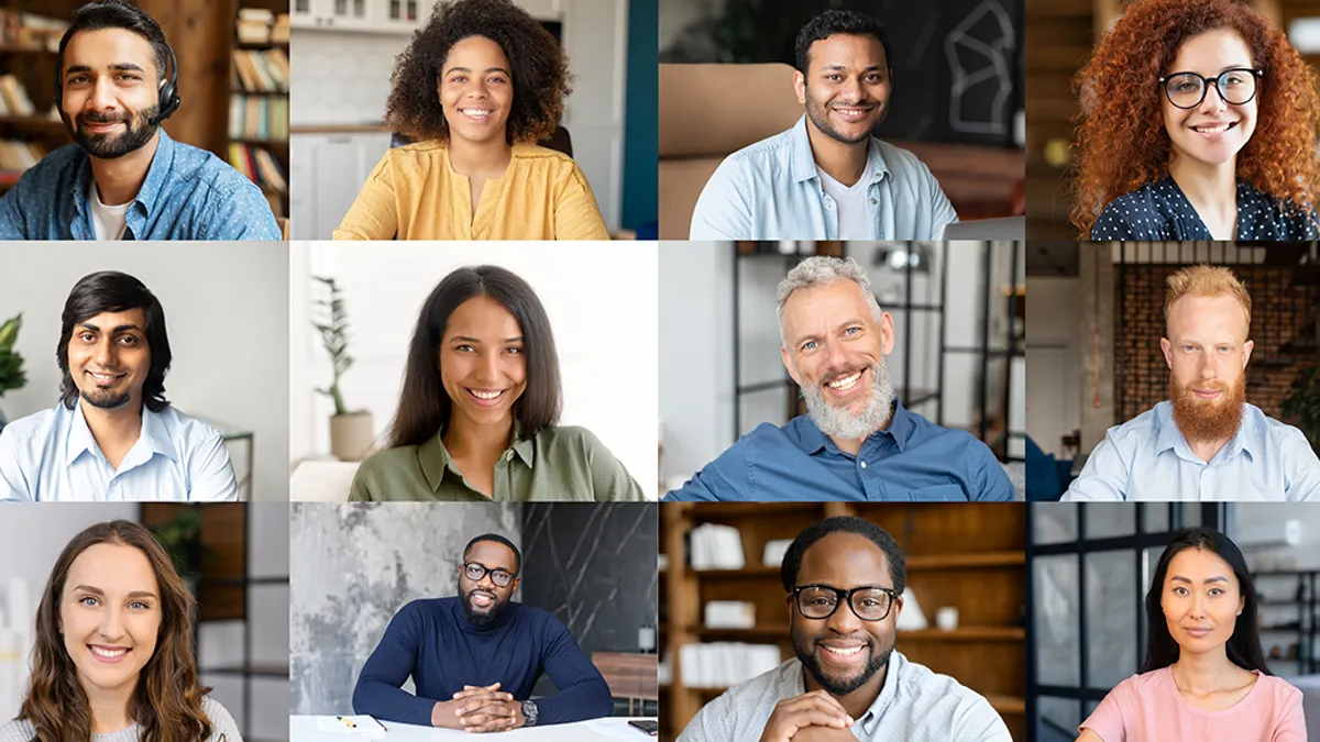 A square collage of 12 work professionals smiling