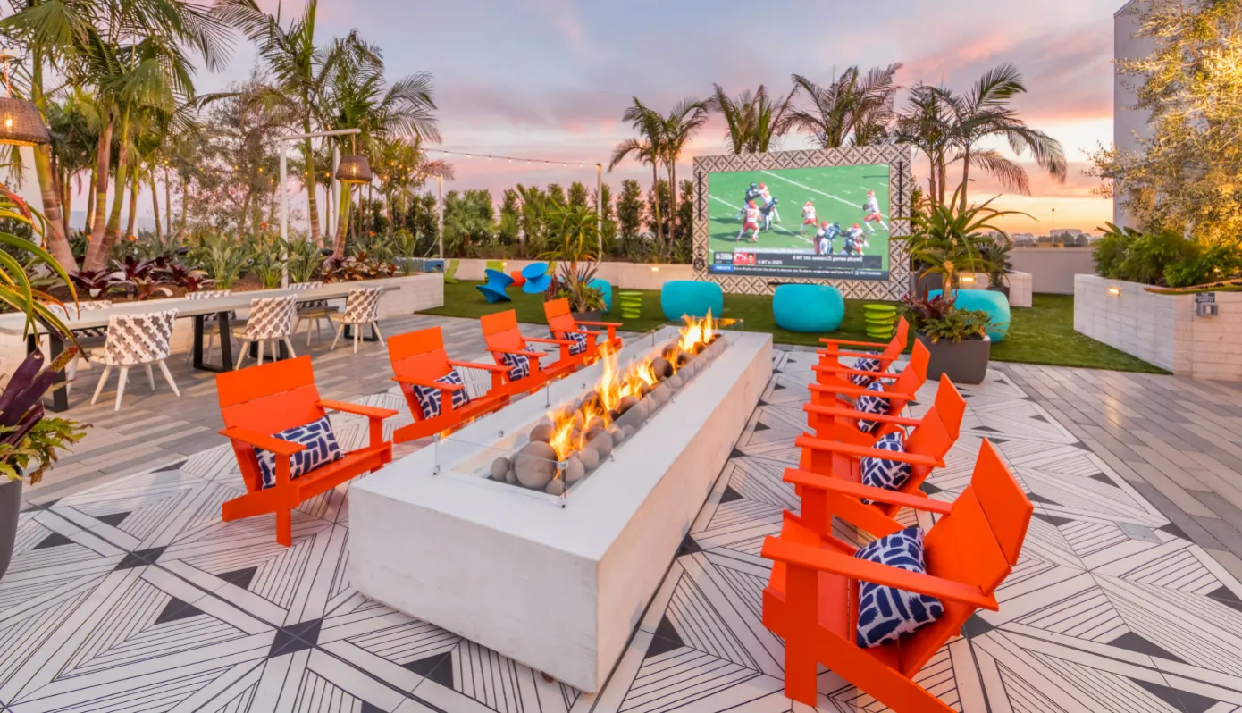 A rooftop lounge at an apartment complex