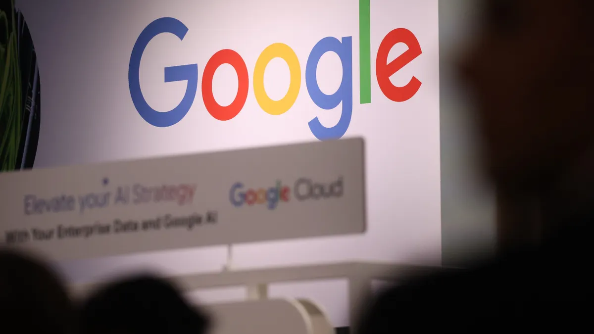 The Google Cloud pavilion stands at the 2025 Hannover Messe industrial trade fair on March 31, 2025 in Hanover, Germany.