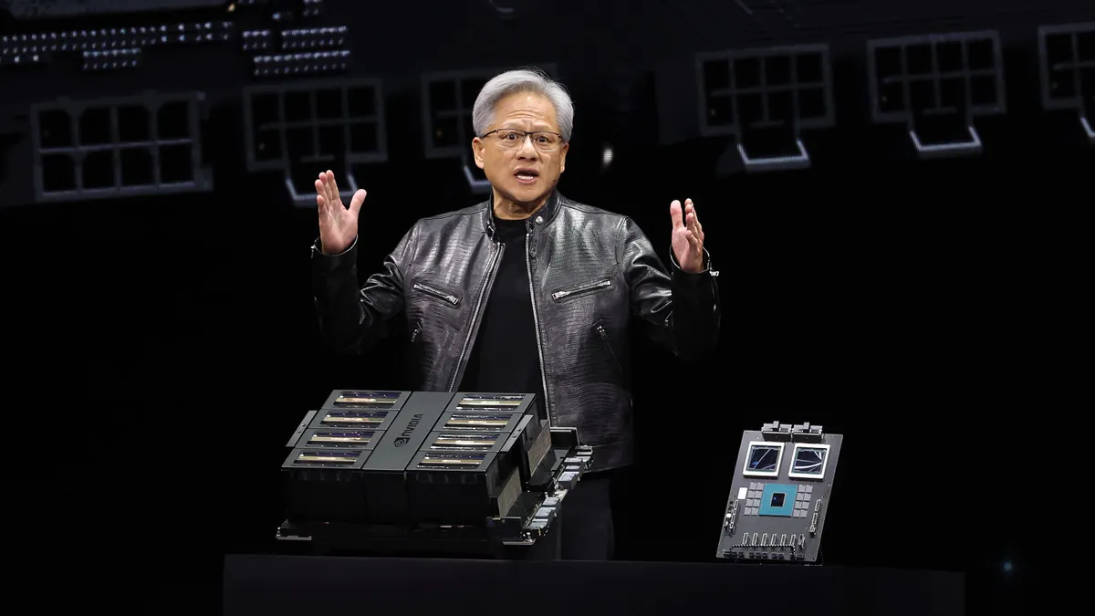 Nvidia CEO Jensen Huang displays the company's latest AI-optimized hardware at the Nvidia GTC Artificial Intelligence Conference at SAP Center on March 18, 2024 in San Jose, California.