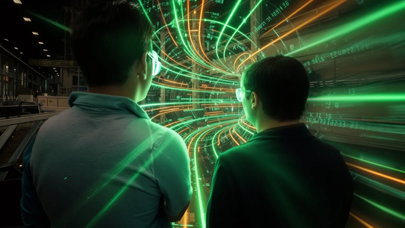 Two men with googles looking at data server