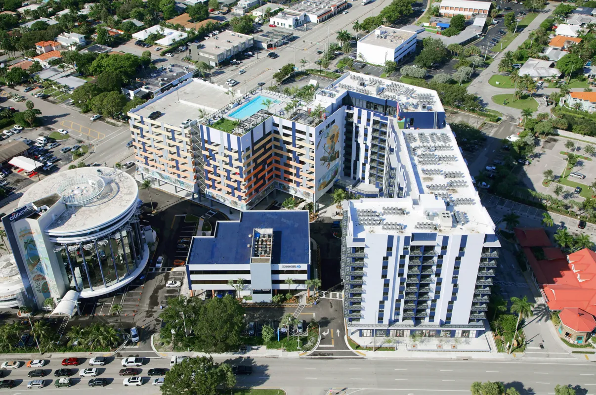 An aerial view of a long building.