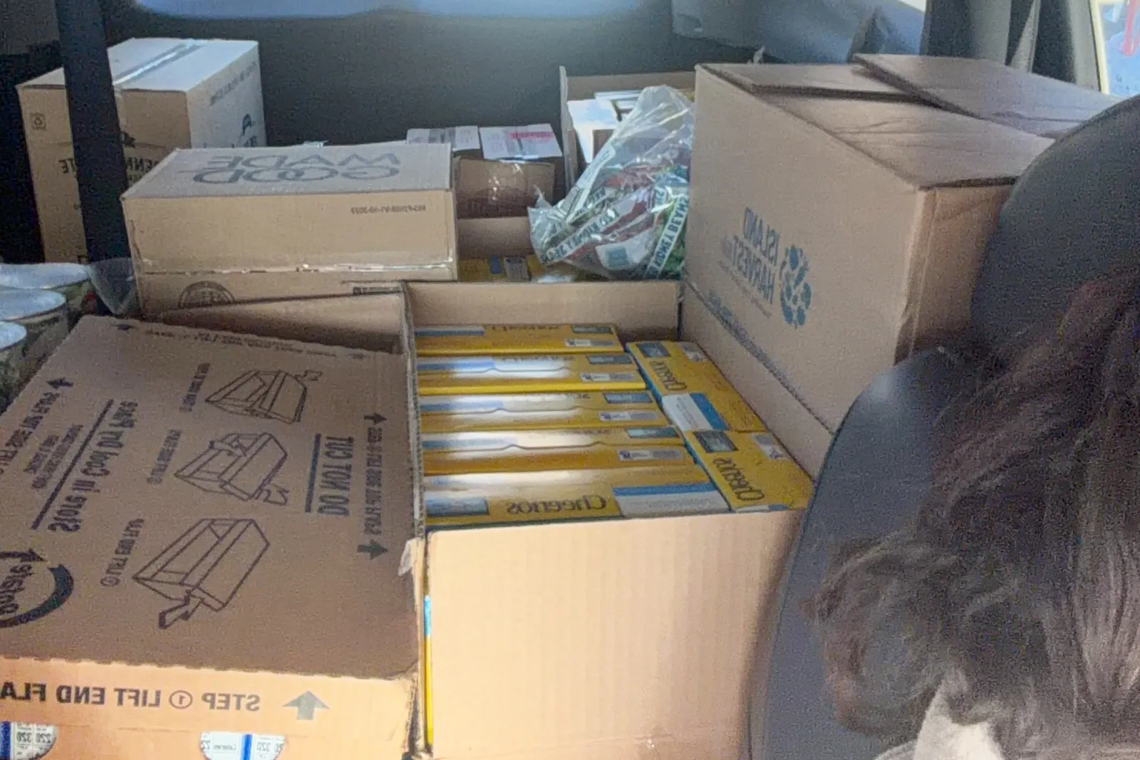 Boxes of food sit in the back of a van with a driver in the front seat