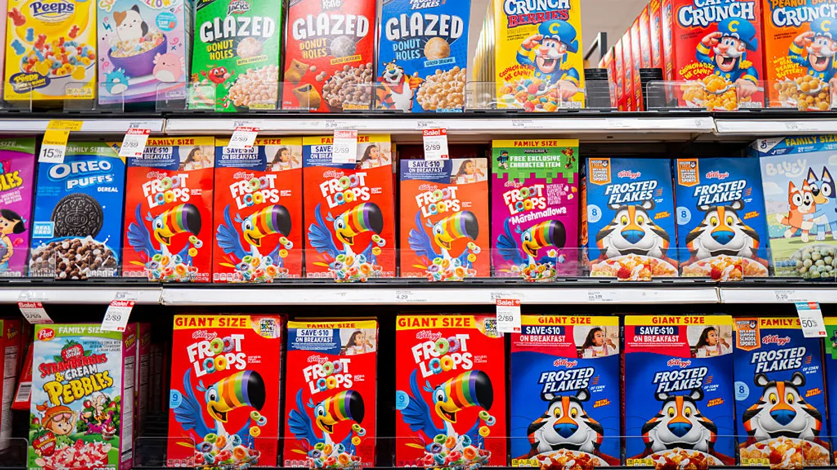 Boxes of cereal sit on shelves