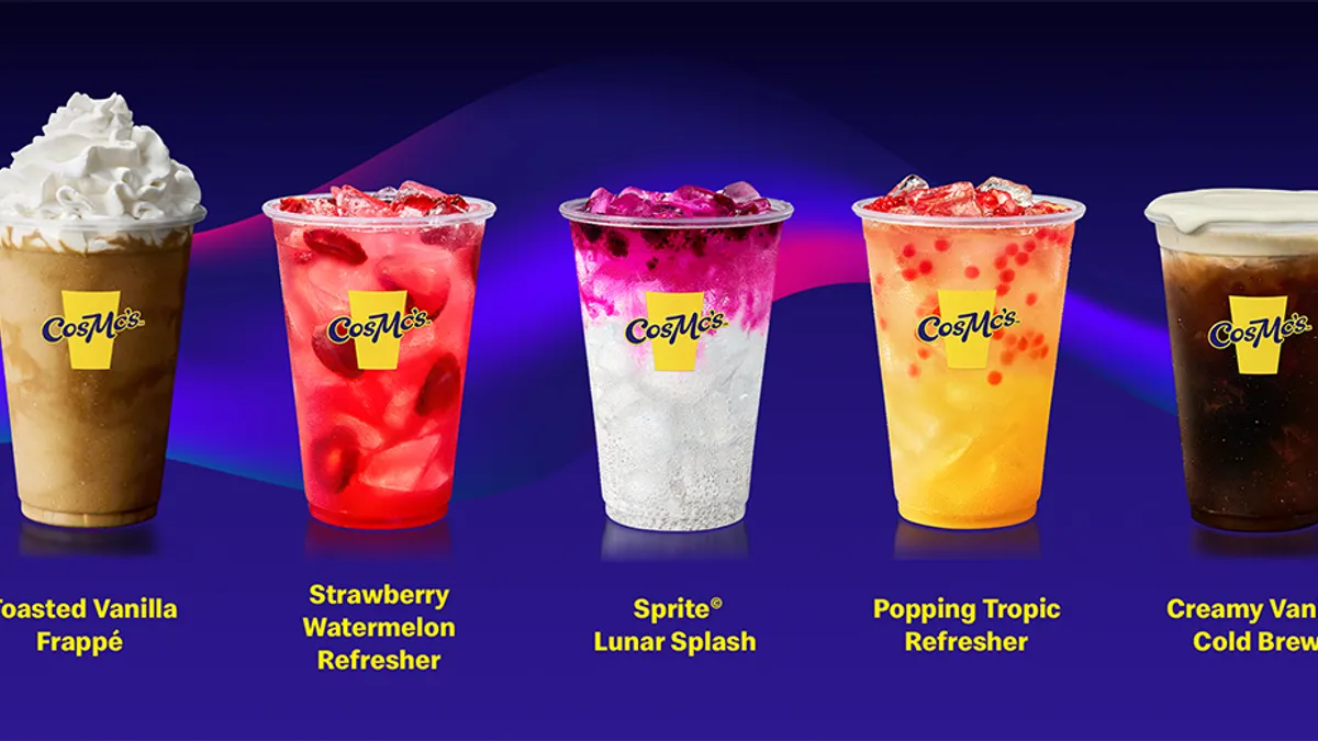 Five fancy drinks at McDonald's against a dark blue background.