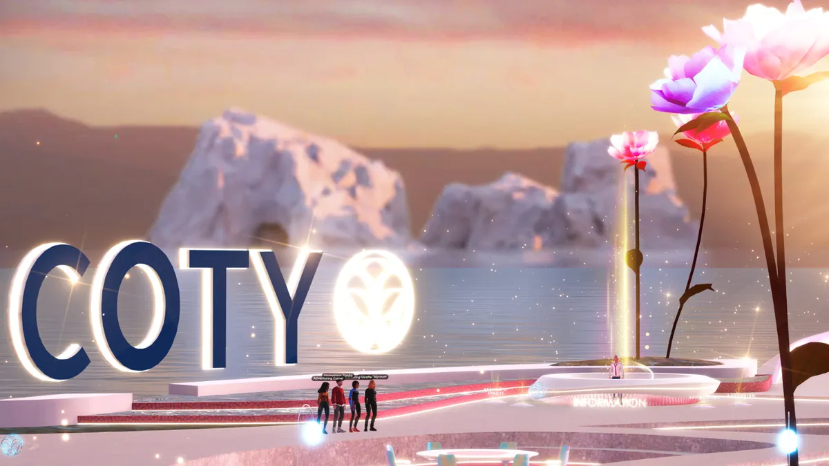 A group of avatars walk on a horizon with the Coty name on the left.