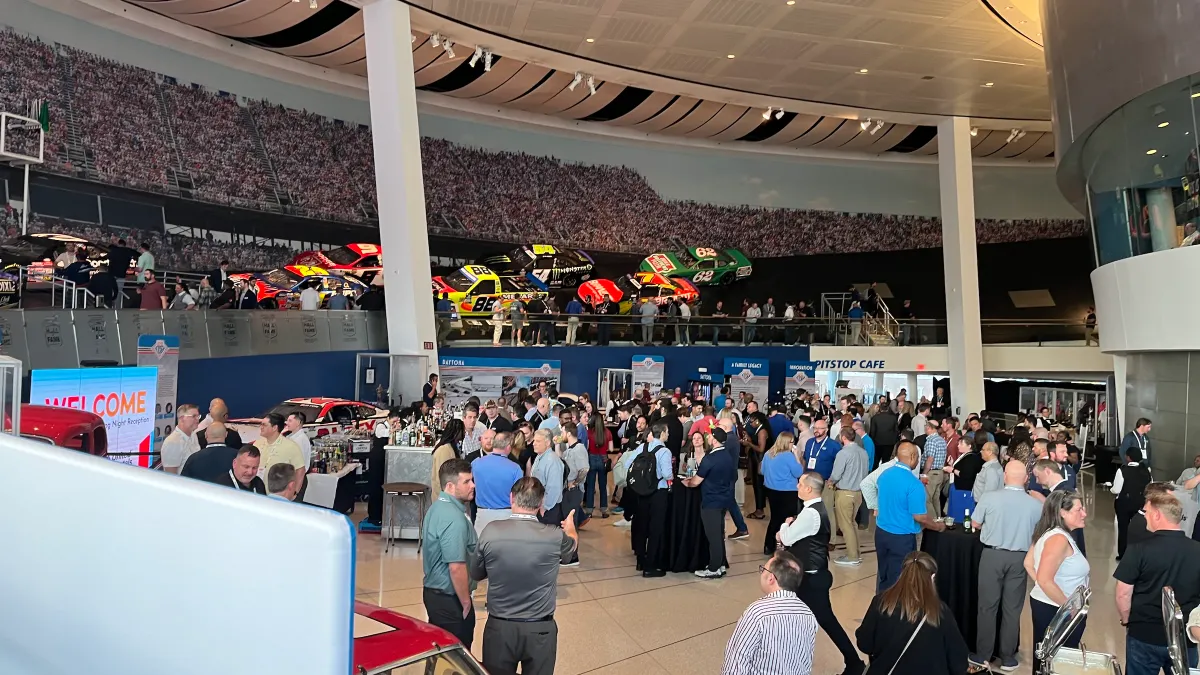 The first floor atrium of the Nascar Hall of Fame.