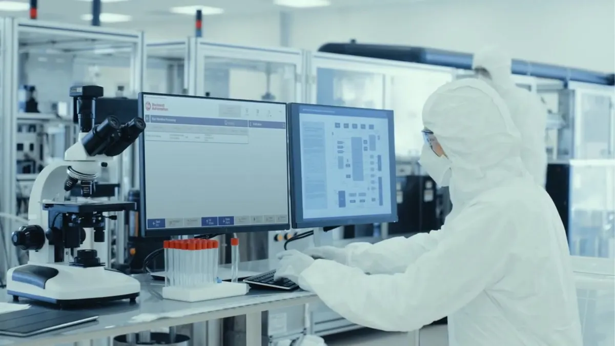 A scientist uses Rockwell Automation's PharmaSuite software in a lab.