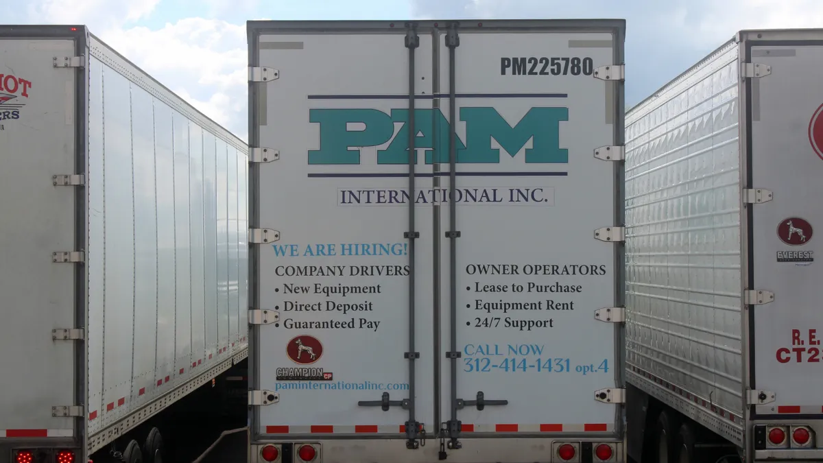 A PAM International trailer at a truck parking lot in western Maryland in May 2024.