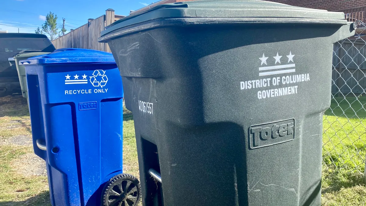 A close-up of a trash can and recycling bin in an alley in D.C.