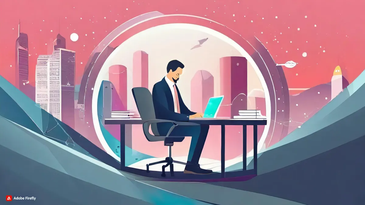 AI Generated image of man sitting at desk working on a laptop with a space age view in the background