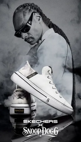 Snoop Dogg is pictured in black and white near a sneaker, part of his collaboration with Skechers.