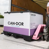 A pallet-sized container for cold-chain shipments with Candor Expedite&#x27;s branding on the side.