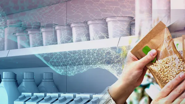 AI image of a person placing an item back onto a grocery store shelf.