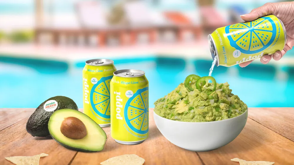 A brand image of Poppi&#x27;s Guac recipe with Ginger Lime Poppi