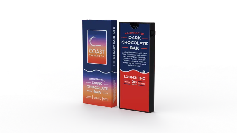 Two Coast Cannabis chocolate bars with colorful packaging.