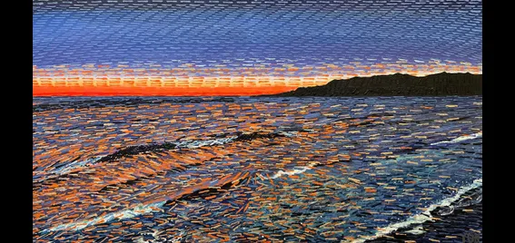 A pointalism-style painting of a sunset over ocean waves, with mountains off in the distance.