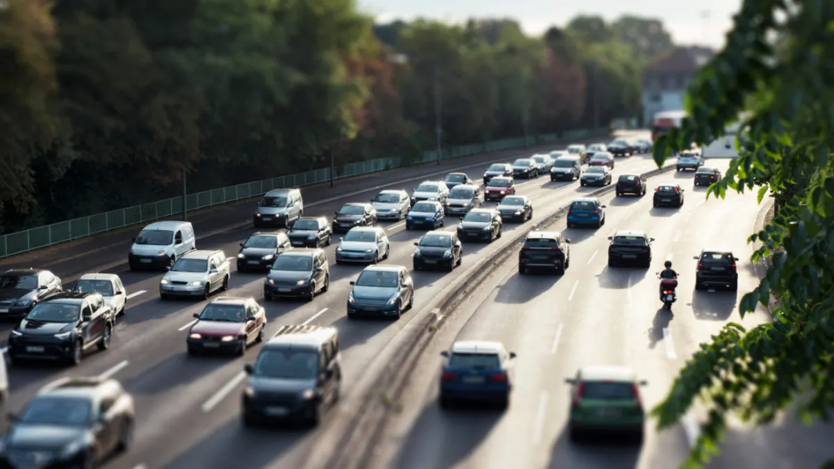 Rush hour traffic on an urban four lane road in two directions.