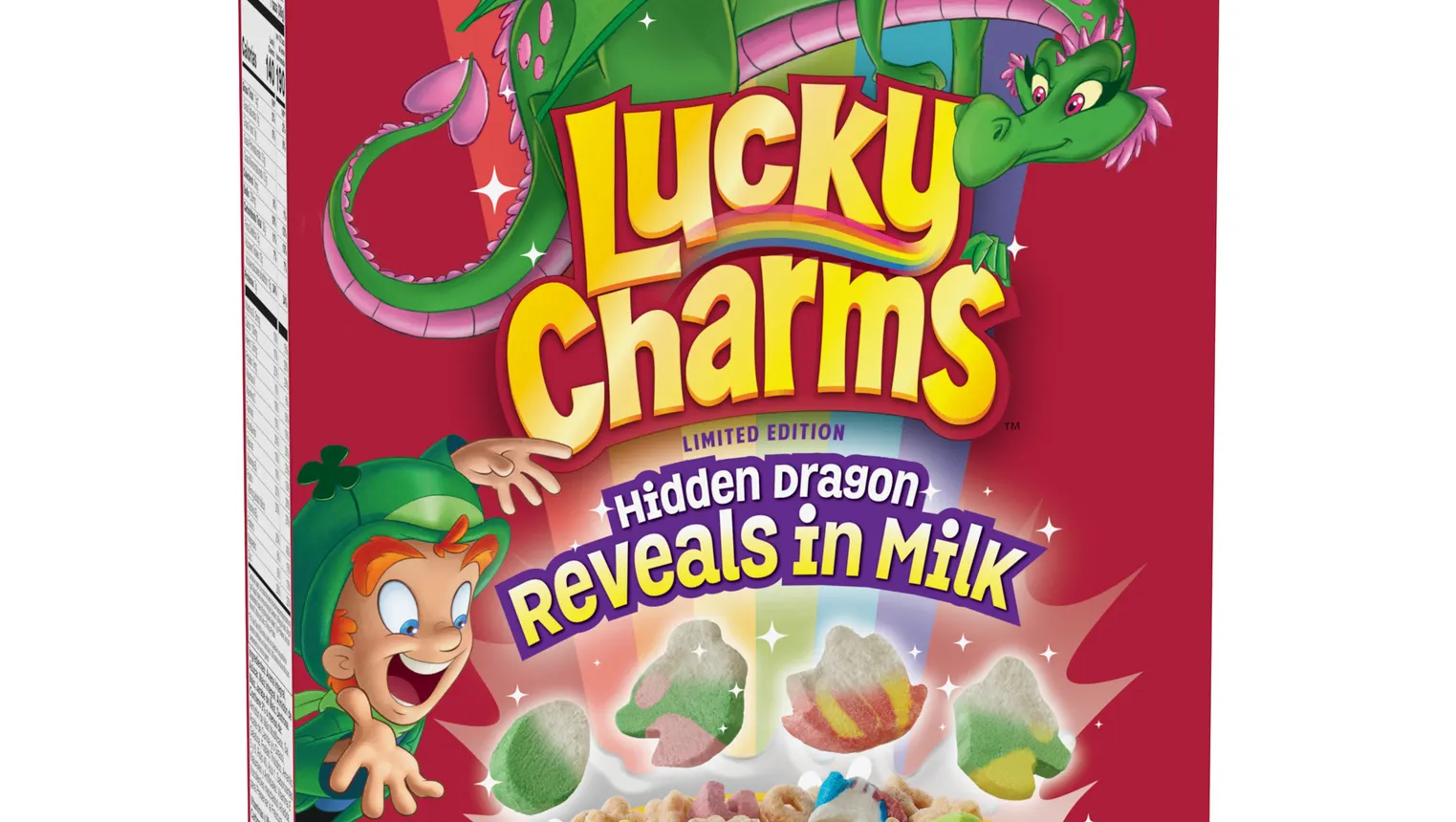 A box of Lucky Charms cereal with hidden dragon marshmallows