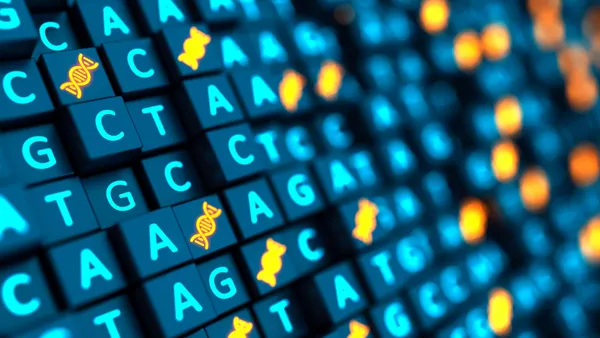 Futuristic 3D cubes showing DNA base pairs and a double helix.