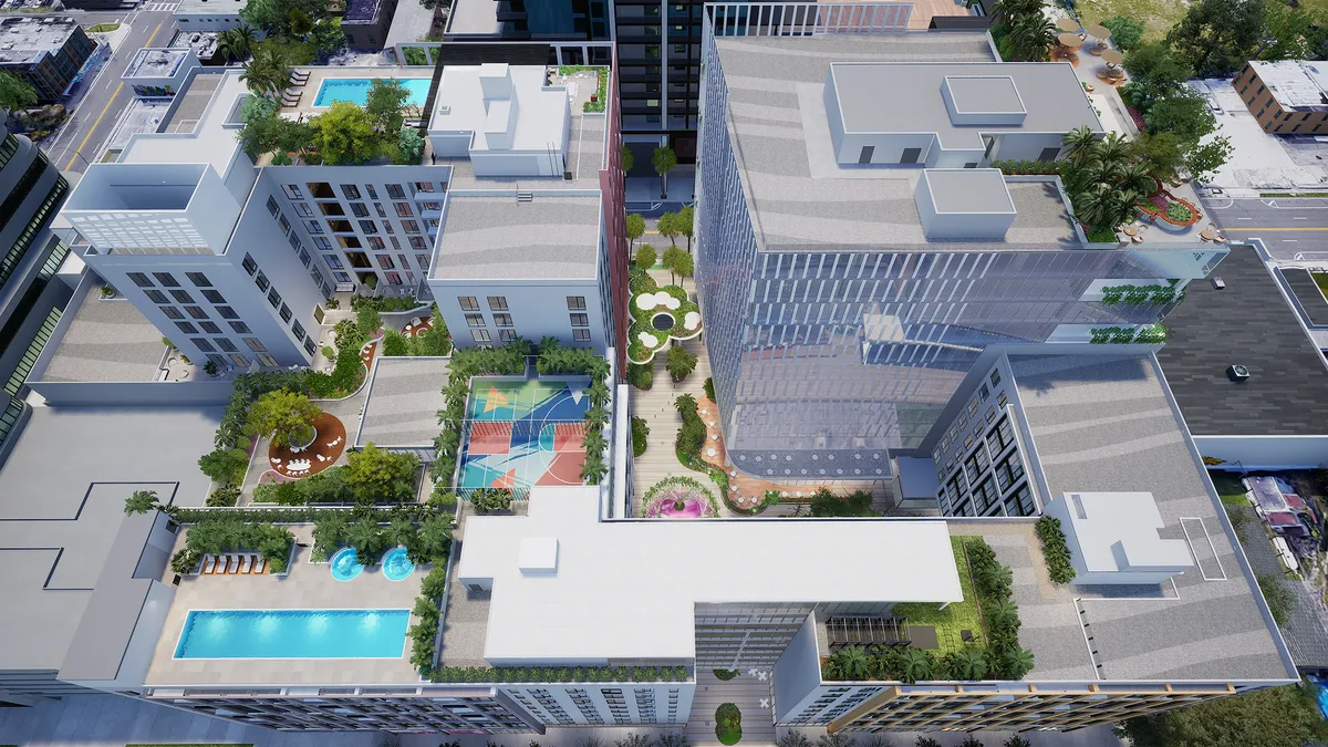 A rendering of a multifamily development seen from above.