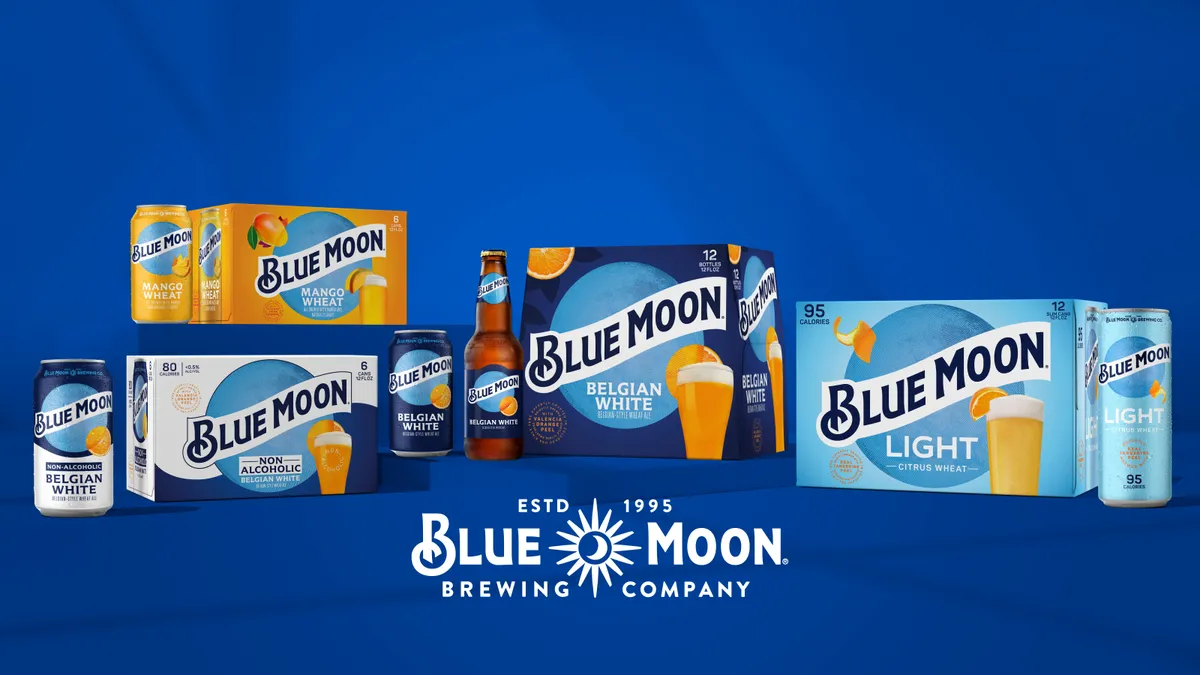 Beer bottles, cans and cases featuring Blue Moon's updated blue packaging design.