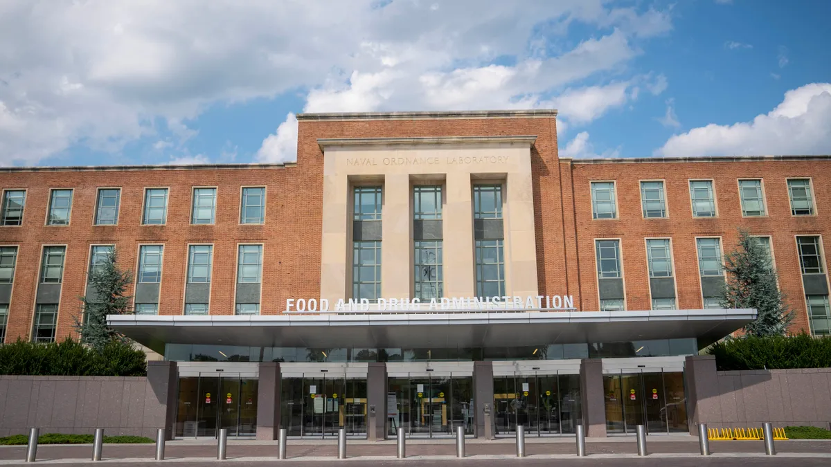 The front entrance of the Food And Drug Administration headquarters building.