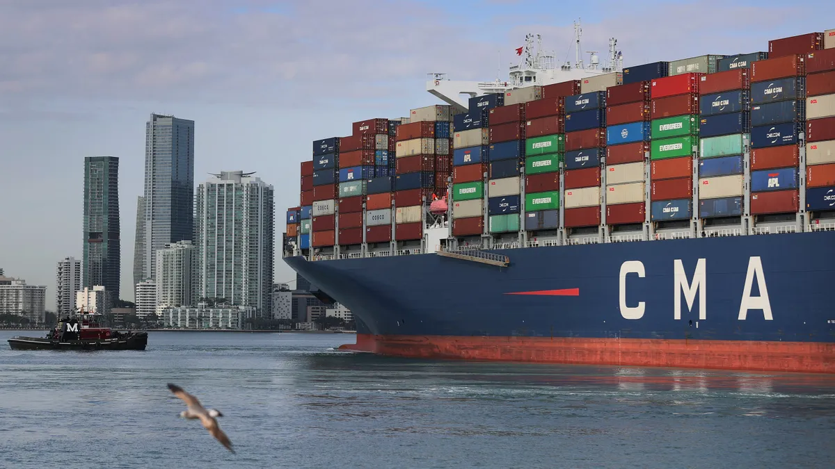 The CMA CGM Argentina container ship arrives at PortMiami on April 06, 2021 in Miami, Florida.