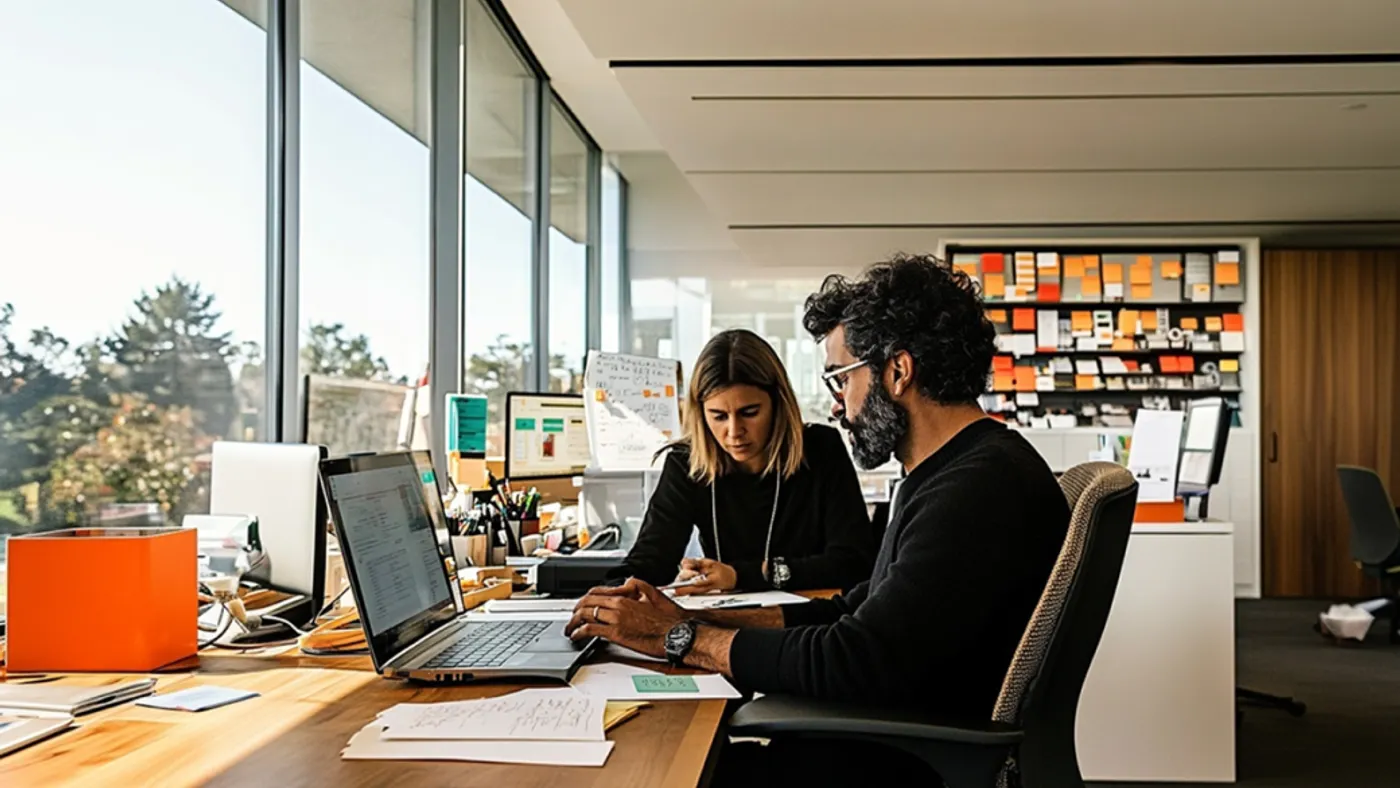 Two people sitting at desk, working on computer