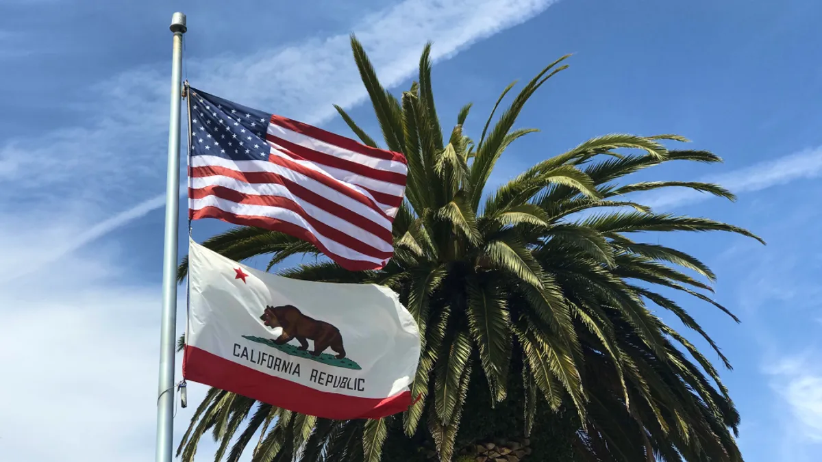 US flag and California state flag in front of a palm tree in Monterey, CA.