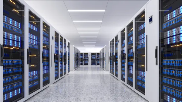 Shot of Data Center With Multiple Rows of Fully Operational Server Racks.