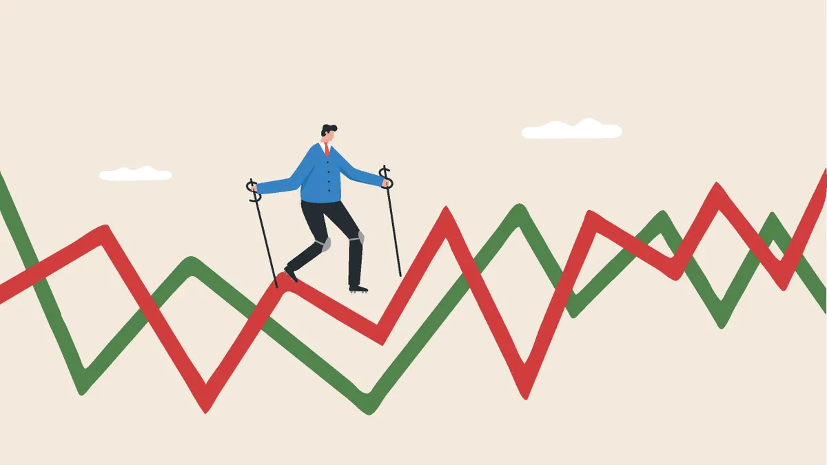 Stock market volatility or the stock chart that goes up and down alternately. investment risk and uncertainty. Invest cautiously in recession market conditions. A businessman walks carefully on the ar
