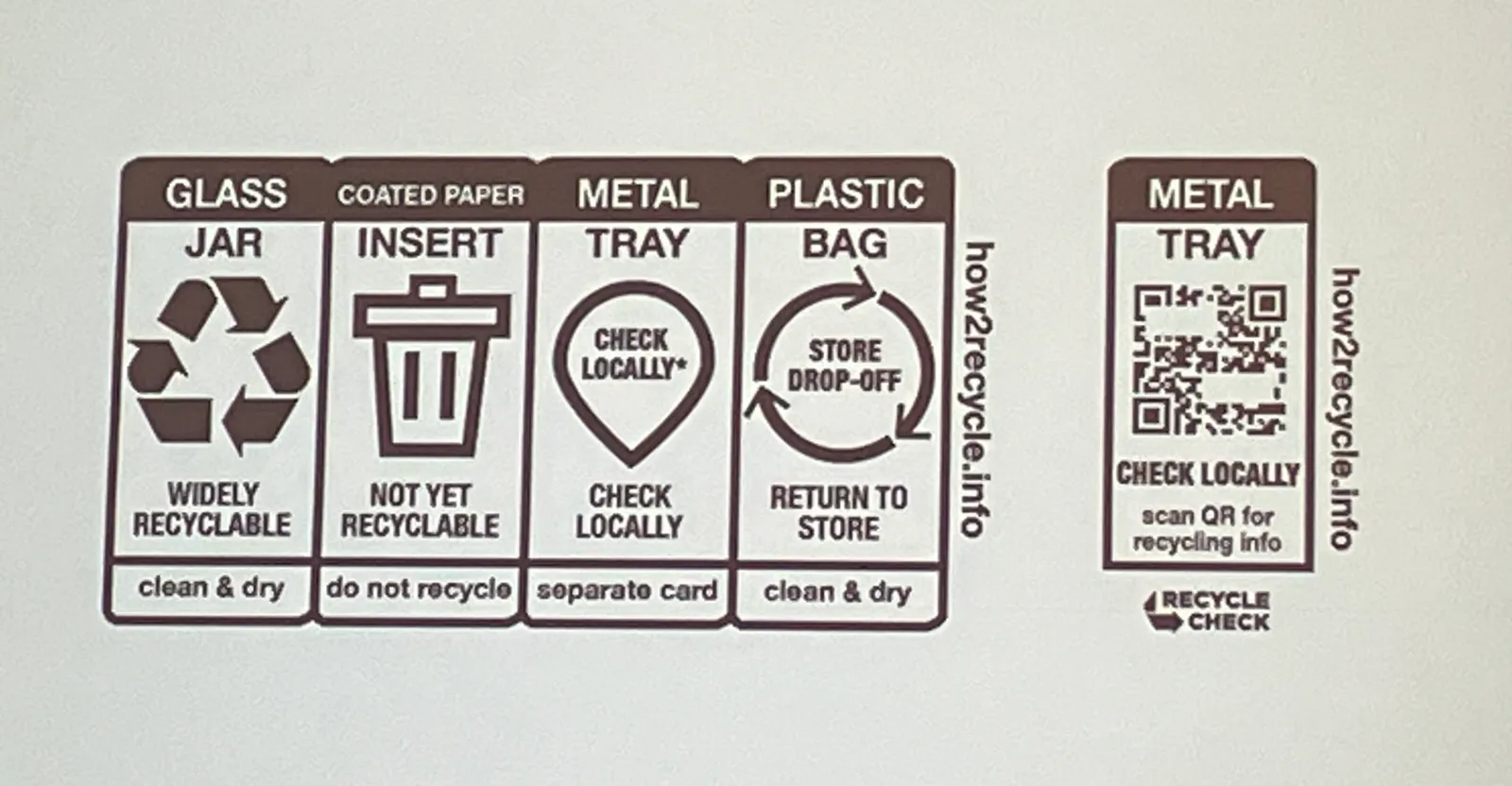 A graphic shows updated How2Recycle label icons; chasing arrows for a glass jar, a trash can for a coated paper insert, &#x27;check locally&#x27; for a metal tray and &#x27;store drop-off&#x27; for a plastic bag.