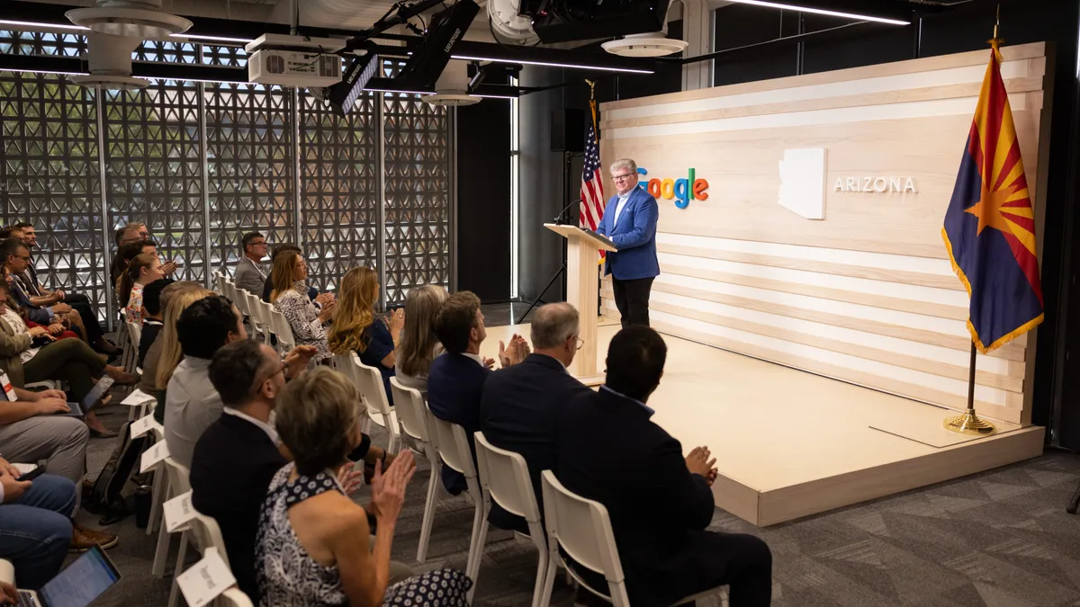 Joe Kava, vice president of data centers at Google, gives remarks during a press conference on the tech giant's $600 million investment into a data center project in Mesa, Arizona.