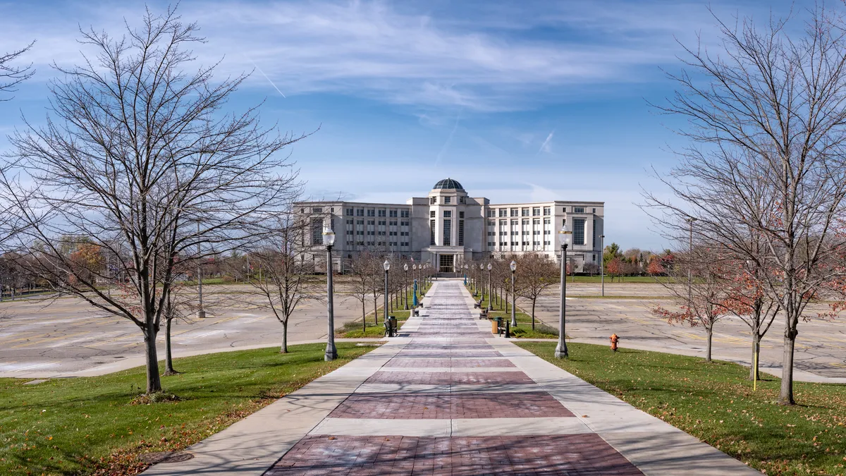 The Michigan Hall of Justice, which houses the state's Supreme Court, on a cold day.