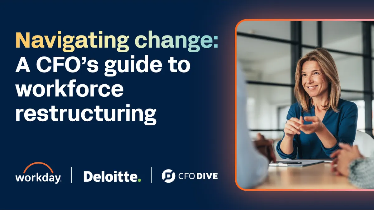 This image is the podcast episode cover for Workday's CFO Dive episode, "Navigating change: A CFO’s guide to workforce restructuring"
