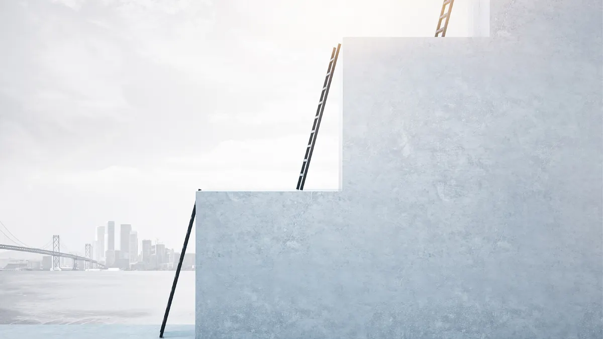 Concrete Cube With Ladder On City Background