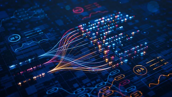 AI powers big data analysis and automation workflows, showcasing neural networks and data streams for business.