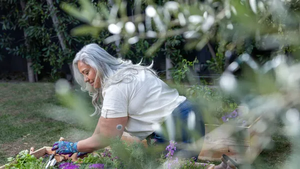 A person digs with a spade in a raised garden bed.