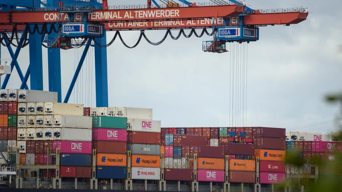 A container ship is loaded at Hamburg Port on October 3, 2022.