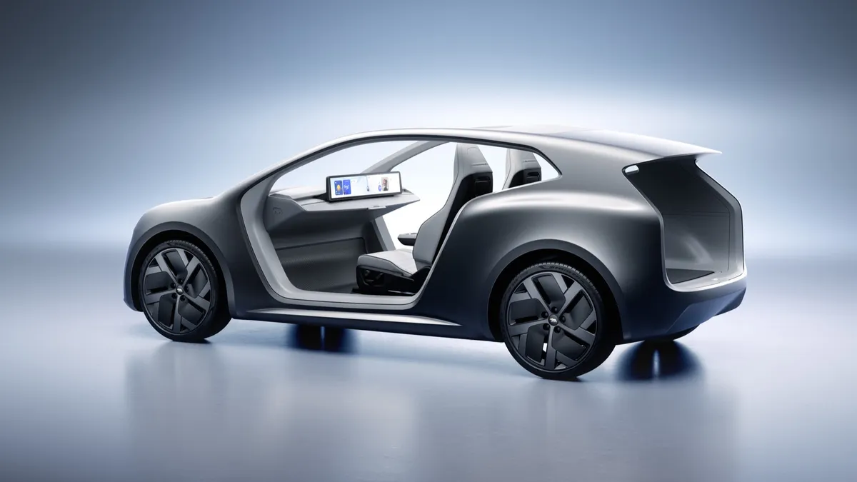 The Lucid Lunar two-seat robotaxi, from a rear angle view