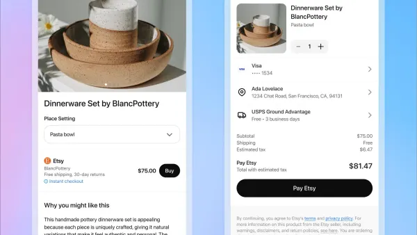 Two screenshots of a mobile device purchasing a vase within the ChatGPT platform from Etsy