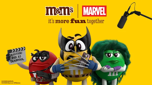 Several M&M's spokescandy mascots appear as Marvel characters against a yellow background
