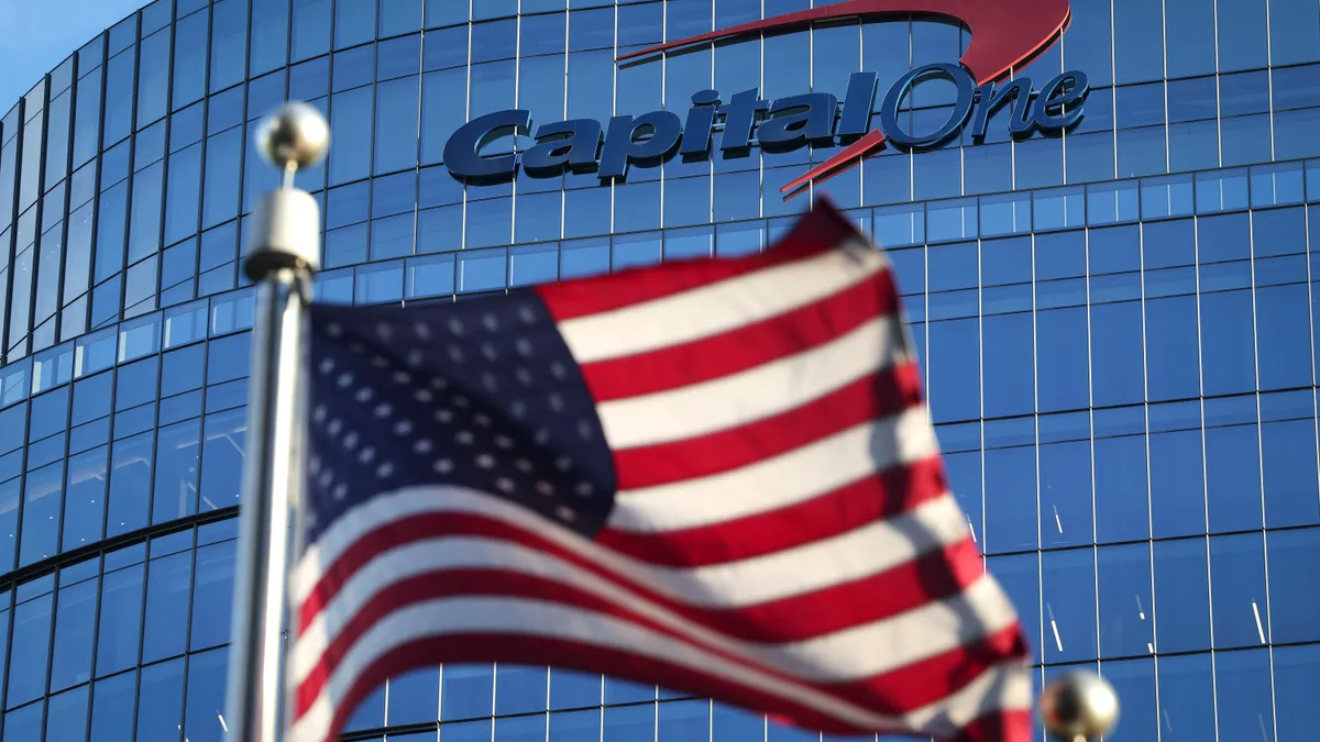 The logo for consumer lending firm Capital One Financial Corp is seen on its headquarters on January 20, 2023 in McLean, Virginia.