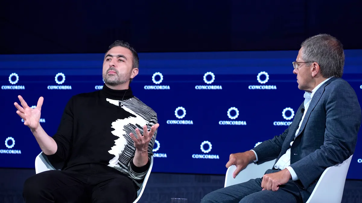 Co-Founder, Inflection, Mustafa Suleyman and President Eurasia Group & GZERO Media Dr. Ian Bremmer speak onstage during the 2023 Concordia Annual Summit at Sheraton New York on September 18, 2023 in N